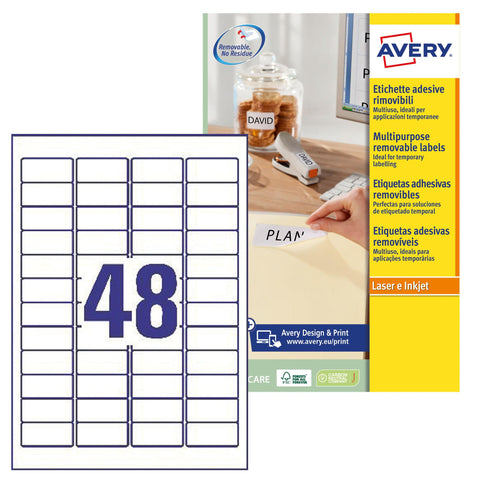 Avery L4736REV-25 Self-Adhesive Removable Mini Labels, 48 Labels Per A4 Sheet - White, 45,7 x 21,2 mm Avery L4736REV-25 Self-Adhesive Removable Mini Labels, 48 Labels Per A4 Sheet - White, 45,7 x 21,2 mm