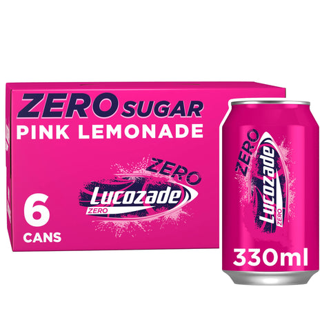 Lucozade Zero Fizzy Drink, Pink Lemonade Flavour, Sugar Free, Low Calorie, 6 Pack, 330ml Cans Lucozade Zero Fizzy Drink, Pink Lemonade Flavour, Sugar Free, Low Calorie, 6 Pack, 330ml Cans