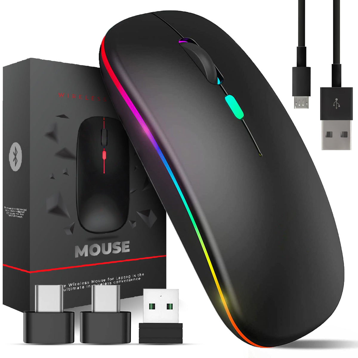Wireless Mouse for Laptop With 2 USB A to USB C Adapter, 2.4GHZ Bluetooth Mouse Rechargeable, Laptop Mouse Computer Accessories, USB Mouse 3 Buttons-Laptop Mouse Wireless PC Mouse 800 to 2400 Dpi