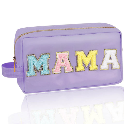 Iqimott Preppy Patch Makeup Bag, Chenille Letter Makeup Pouch Small Toiletry Bag for Women Girls, Nylon Organizer Zipper Pouch Cosmetic Purse for Travel(Purple Mama) Iqimott Preppy Patch Makeup Bag, Chenille Letter Makeup Pouch Small Toiletry Bag for Women Girls, Nylon Organizer Zipper Pouch Cosmetic Purse for Travel(Purple Mama)