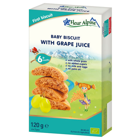 Fleur Alpine Baby Biscuits With Grape Juice - 18x2 Yummy Organic Baby Snacks for Delicious Smooth Breakfast Porridge Or Daytime Snack | Easy Whole Grain Snack Biscuits with No Added Sugar | 6 Mths