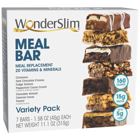 WonderSlim Meal Replacement Protein Bar, Variety Pack, 15g Protein, 20 Vitamins & Minerals, Gluten Free (7ct) WonderSlim Meal Replacement Protein Bar, Variety Pack, 15g Protein, 20 Vitamins & Minerals, Gluten Free (7ct)