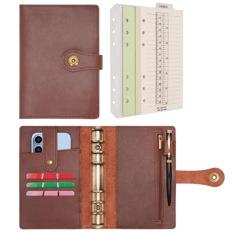 WONDERPOOL A6 Binder Travel Diary Journal Notebook, College Ruled Paper Refillable, Leather Budget Binder Rings Organizer with Pen for Office School Business Planning Writing (Coffee,A6) WONDERPOOL A6 Binder Travel Diary Journal Notebook, College Ruled Paper Refillable, Leather Budget Binder Rings Organizer with Pen for Office School Business Planning Writing (Coffee,A6)