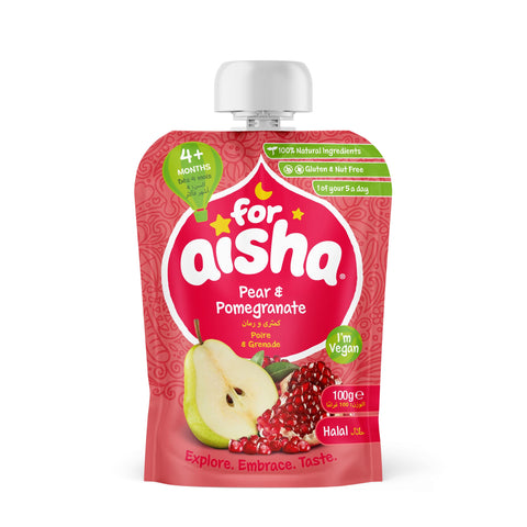 For Aisha Pear & Pomegranate Fruit Pouch, Pack of 8 x 100g, from 4 Months +, Baby Food Pouch. Dairy Free, Gluten Free, Nut Free, Vegan, Halal, Soy Free For Aisha Pear & Pomegranate Fruit Pouch, Pack of 8 x 100g, from 4 Months +, Baby Food Pouch. Dairy Free, Gluten Free, Nut Free, Vegan, Halal, Soy Free