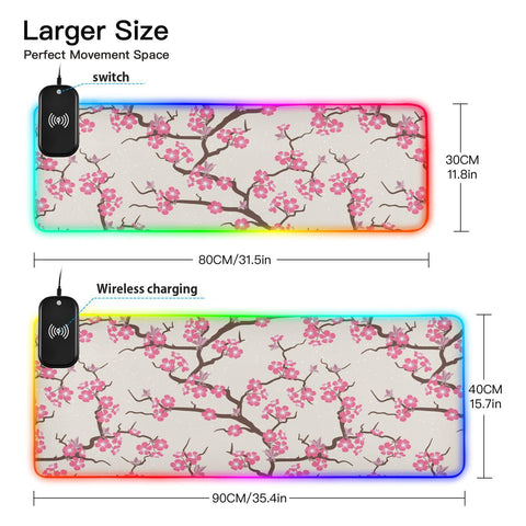 Cherry Tree Wireless Charging Mouse Pad for Mobile Phone Extra Large Gaming Mousepad with 13 Lighting Modes Computer Mat for Gaming MacBook PC Laptop Desk Office Home Cherry Tree Wireless Charging Mouse Pad for Mobile Phone Extra Large Gaming Mousepad with 13 Lighting Modes Computer Mat for Gaming MacBook PC Laptop Desk Office Home