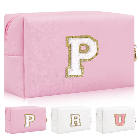 Personalized Initial Letter Patch Makeup Bag, Preppy Portable Chenille Letter Cosmetic Bag with Zipper, PU Leather Waterproof Travel Toiletry Bag Monogram Make Up Pouch for Women Girls(Letter P) Personalized Initial Letter Patch Makeup Bag, Preppy Portable Chenille Letter Cosmetic Bag with Zipper, PU Leather Waterproof Travel Toiletry Bag Monogram Make Up Pouch for Women Girls(Letter P)