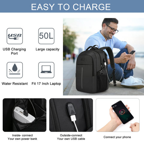 Extra Large Backpack for Men 50L,Water Resistant 17Inch Travel Laptop Work bag with USB Charging Port Anti Theft Big Business TSA Approved Computer Rucksack Women College School,Black