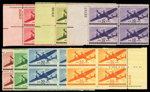 Classic US Transport Airmail Stamps Complete Set of Plate Number Blocks Mint Never Hinged Scott C25-C31 Classic US Transport Airmail Stamps Complete Set of Plate Number Blocks Mint Never Hinged Scott C25-C31