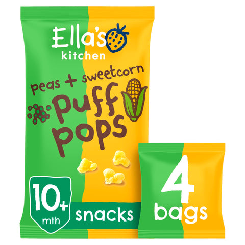 Ella's Kitchen Organic Peas and Sweetcorn Puff Pops Snacks 10+ Months 4 x 9g (36g) Ella's Kitchen Organic Peas and Sweetcorn Puff Pops Snacks 10+ Months 4 x 9g (36g)