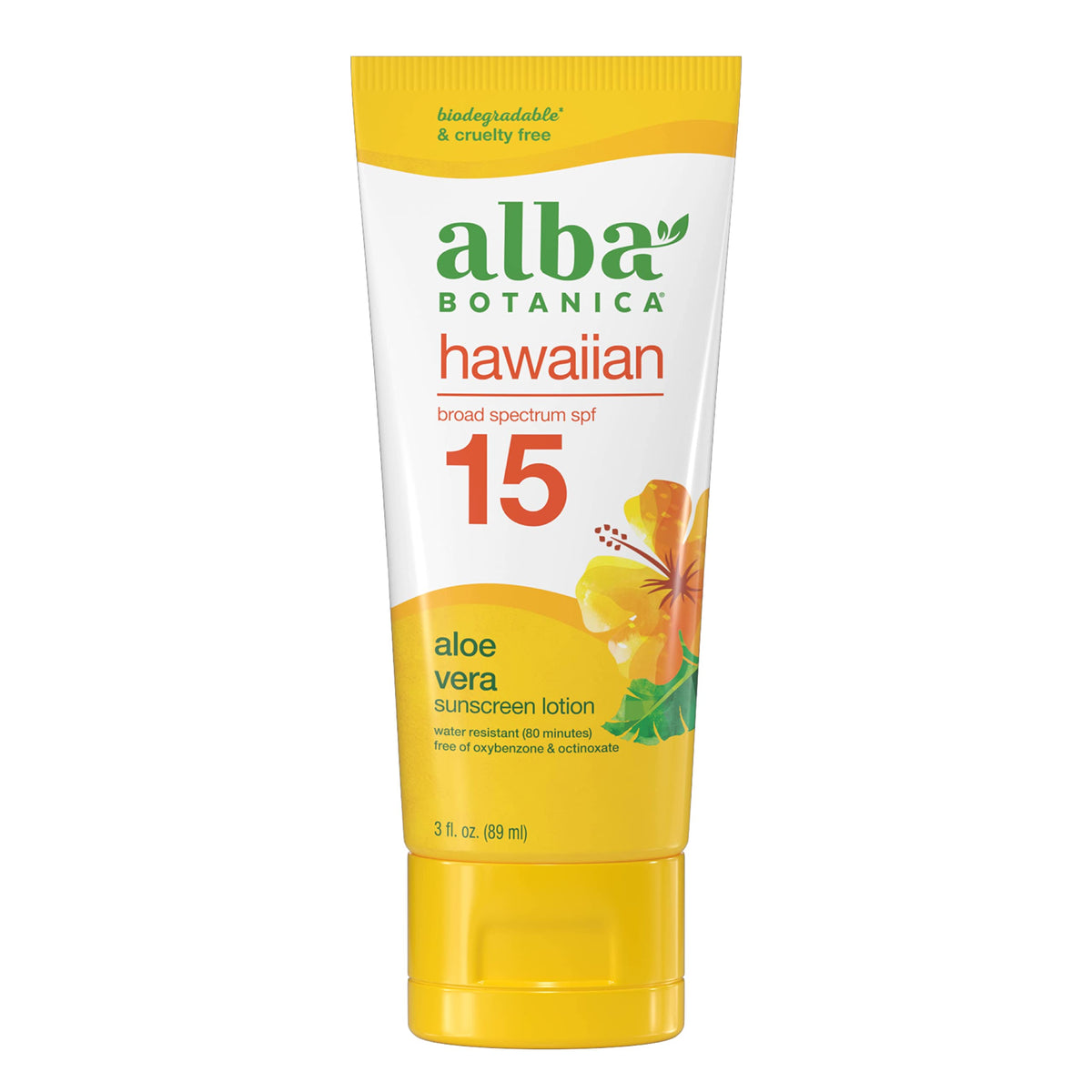 Alba Botanica Sunscreen for Face and Body, Hawaiian Aloe Vera Sunscreen Lotion, Broad Spectrum SPF 15 Sunscreen, Water Resistant and Biodegradable, 3 fl. oz. Bottle