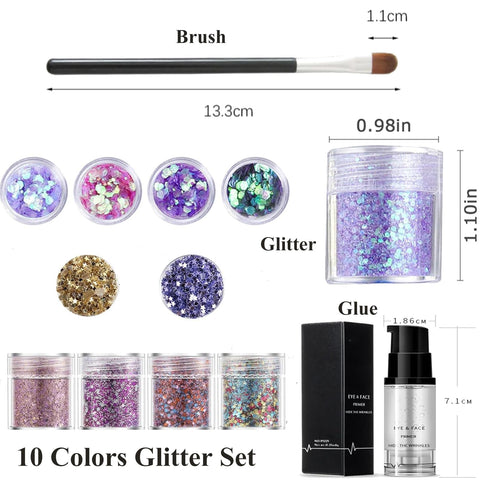 Rosarden Makeup Glitter for Face, 10 Colors Holographic Chunky Glitter, Cosmetic Hair & Face Body Set, Gel Kit, Painting Women, Rave Rosarden Makeup Glitter for Face, 10 Colors Holographic Chunky Glitter, Cosmetic Hair & Face Body Set, Gel Kit, Painting Women, Rave