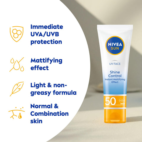 NIVEA Sun UV Face Shine Control SPF 50 Cream (50ml), Sun Cream Protects Against UVA/UVB Rays and Premature Skin Ageing, Sunscreen for Delicate Facial Skin