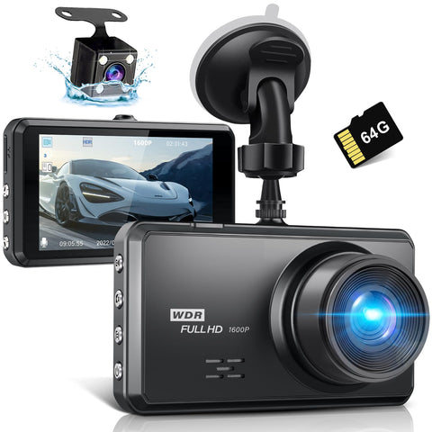 Miden S7 2.5K Dash Cam Front and Rear,64G SD Card,1600P+1080P FHD Dual Dash Camera for Cars,176Â°+160Â° Wide Angle,3.2'' IPS Screen Dashcam,G-Sensor,Loop Recording,WDR,Night Vision,24H Parking Monitor