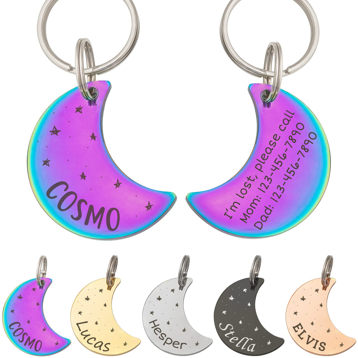 Anavia Starry Sky Theme Pet ID Tags in Half Moon & Star Shape, Personalized Dog Name Tag Cat Tag, Glossy Stainless Steel Gold Plated Black Rainbow Dog Collar Tag (Small, Moon Shape, Rainbow)