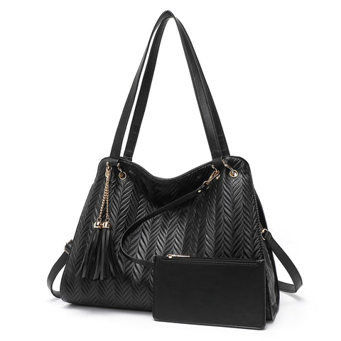Miss Lulu Women Handbag Fashion Hobo Shoulder Bag, Large Capacity Top Handle Bags with Multi Pocket, Faux Leather Shoulder Bag Elegant with Tassels and Woven pattern (Black) Miss Lulu Women Handbag Fashion Hobo Shoulder Bag, Large Capacity Top Handle Bags with Multi Pocket, Faux Leather Shoulder Bag Elegant with Tassels and Woven pattern (Black)
