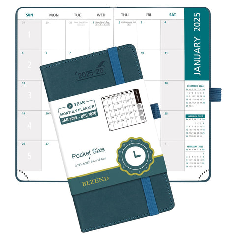 BEZEND 2 Year Pocket Calendar 2025-2026 - Small Monthly Planner for Purse 6.5" x 3.5", Runs Jan 2025 to Dec 2026, 100 GSM Paper, Pen Loop & Notes, PU Leather Hardcover in Dark Green BEZEND 2 Year Pocket Calendar 2025-2026 - Small Monthly Planner for Purse 6.5" x 3.5", Runs Jan 2025 to Dec 2026, 100 GSM Paper, Pen Loop & Notes, PU Leather Hardcover in Dark Green
