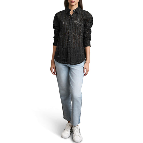 DKNY Women's Blouse Long Sleeve Eyelet Trendy, Black DKNY Women's Blouse Long Sleeve Eyelet Trendy, Black