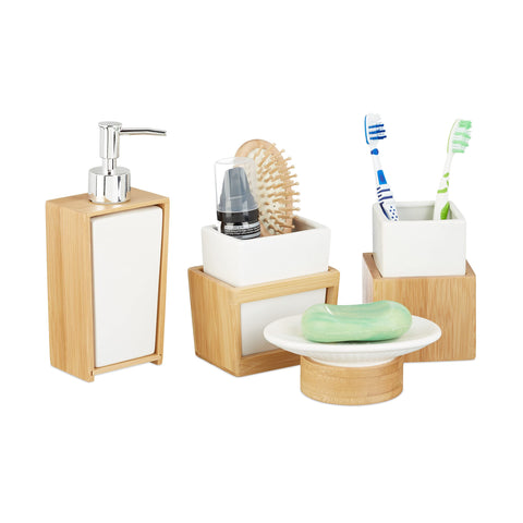 Relaxdays Bath Kit, 4-Piece Bathroom Accessories Set, Bamboo and Ceramics, Soap Dispenser and Tumbler, Natural/White Relaxdays Bath Kit, 4-Piece Bathroom Accessories Set, Bamboo and Ceramics, Soap Dispenser and Tumbler, Natural/White