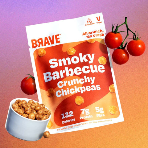 BRAVE Roasted Chickpeas: BBQ - Protein Snacks, Healthy Snacks, Vegan, High Protein, Low Calorie, Sugar Free, Kids Snack, High Fibre, Plant Based, Multipack, Vegetarian - 12 x 35g packs