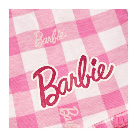 Barbie Girls Pyjamas, Short Frilled Doll Pjs, Chequered Print Pj Set, Doll Gifts For Young Girls (UK, Age, 5 Years, 6 Years, Regular, Pink/White)