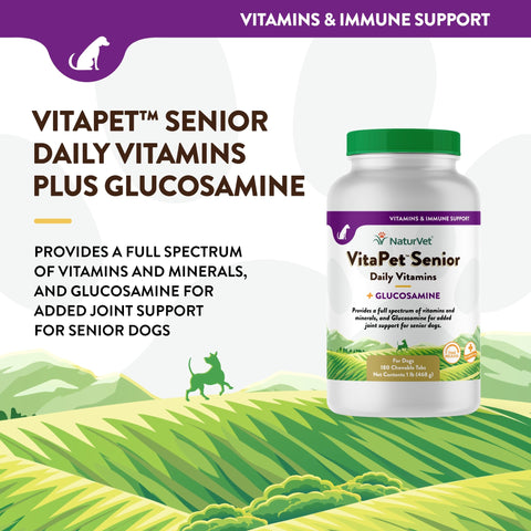 NaturVet VitaPet Senior Daily Vitamins Plus Glucosamine, Dog Multivitamin Supplement, Chewable Tablets, Time Release, Made in The USA with Globally Source Ingredients 180 Count
