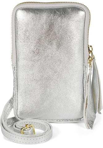 styleBREAKER Ladies Leather Cell Phone Shoulder Bag Soft Suede, Zipper, Genuine Leather Mini Bag 02012373, Colour:Silver styleBREAKER Ladies Leather Cell Phone Shoulder Bag Soft Suede, Zipper, Genuine Leather Mini Bag 02012373, Colour:Silver