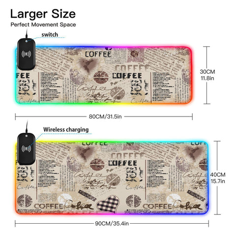 Coffee Wireless Charging Mouse Pad for Mobile Phone Extra Large Gaming Mousepad with 13 Lighting Modes Extended Desk Mat for Gaming MacBook PC Laptop Desk Home Office Coffee Wireless Charging Mouse Pad for Mobile Phone Extra Large Gaming Mousepad with 13 Lighting Modes Extended Desk Mat for Gaming MacBook PC Laptop Desk Home Office