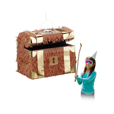 Relaxdays Hanging Treasure Chest Pinata, Children, Pirates, Birthday, Fillable, HxWxD: 27 x 30 x 23 cm, Brown Relaxdays Hanging Treasure Chest Pinata, Children, Pirates, Birthday, Fillable, HxWxD: 27 x 30 x 23 cm, Brown