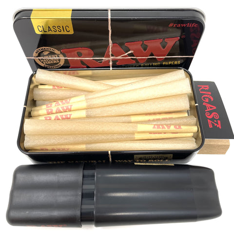 Rigasz Roaches Raw Black Tin Box with 20 Lean Cones and Cone Case