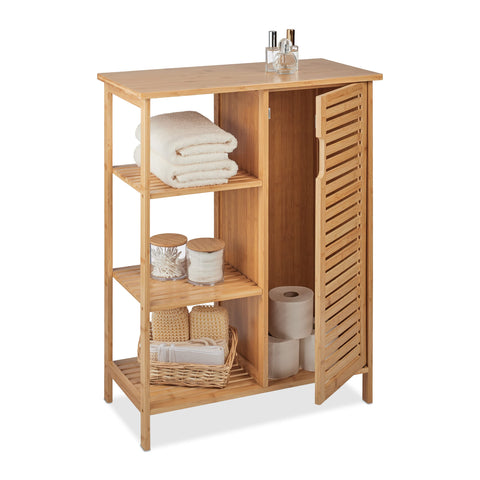 Relaxdays Bamboo Bathroom Cabinet, 3 Open Shelves & Cupboard Compartment, HxWxD: 87.5 x 67 x 33 cm, Standing Shelf, Wood, 87.5x67x33 cm Relaxdays Bamboo Bathroom Cabinet, 3 Open Shelves & Cupboard Compartment, HxWxD: 87.5 x 67 x 33 cm, Standing Shelf, Wood, 87.5x67x33 cm
