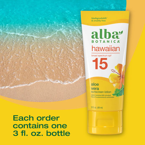 Alba Botanica Sunscreen for Face and Body, Hawaiian Aloe Vera Sunscreen Lotion, Broad Spectrum SPF 15 Sunscreen, Water Resistant and Biodegradable, 3 fl. oz. Bottle