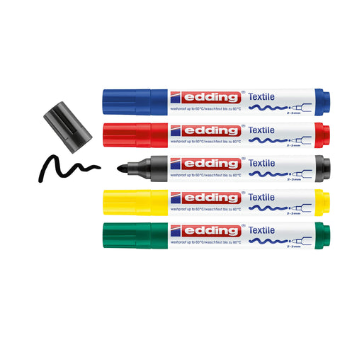 edding 4500 textile marker - black, red, blue, green, yellow - 5 pc. - round nib 2-3 mm - permanent fabric markers for drawing on textiles, wash-resistant up to 60°C - marker pens for fabric lettering edding 4500 textile marker - black, red, blue, green, yellow - 5 pc. - round nib 2-3 mm - permanent fabric markers for drawing on textiles, wash-resistant up to 60°C - marker pens for fabric lettering