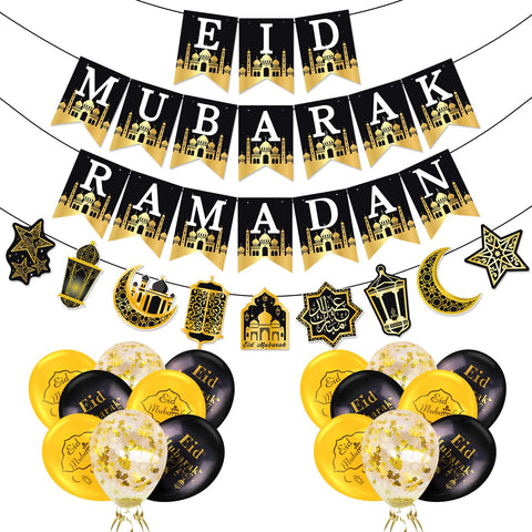 AhfuLife Ramadan Mubarak Decorations, Eid Mubarak Decorations for Home, Preassembled Eid Ramadan Banners Bunting - Black and Gold Islamic Decorations with 16 Pcs Eid Balloons for Home Party Decor AhfuLife Ramadan Mubarak Decorations, Eid Mubarak Decorations for Home, Preassembled Eid Ramadan Banners Bunting - Black and Gold Islamic Decorations with 16 Pcs Eid Balloons for Home Party Decor