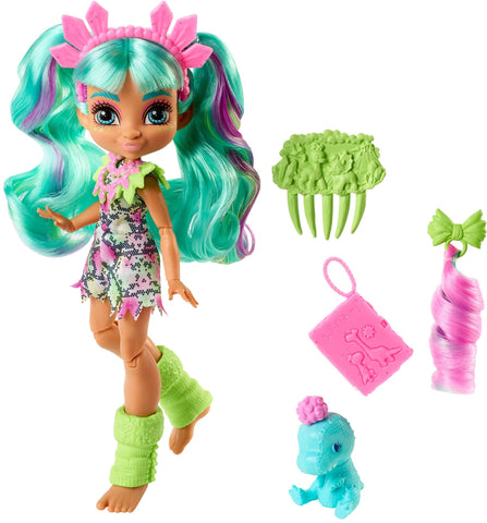 Mattel Cave Club Rockelle Doll (8-10-inch, Teal Hair) Poseable Prehistoric Fashion Doll with Dinosaur Pet and Accessories, Gift for 4 Year Olds and Up Mattel Cave Club Rockelle Doll (8-10-inch, Teal Hair) Poseable Prehistoric Fashion Doll with Dinosaur Pet and Accessories, Gift for 4 Year Olds and Up