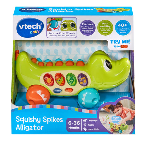 VTech Baby Squishy Spikes Alligator, Push Along Baby Toy with 4 Interactive Buttons, Lights, Sounds, Colours & Songs, Sensory Toy with Textures, Gift for Babies 6, 9, 12, 18 months +, English version
