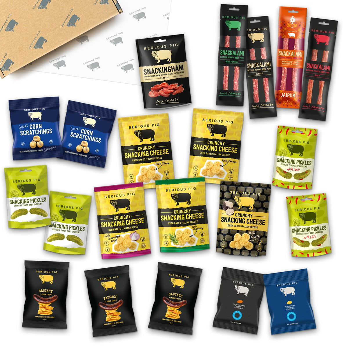 SERIOUS PIG | Gourmet Snack Hamper | with Crunchy Cheese, Salami Sticks, Pickles, Crisps, Salted Peanuts, Roast Almonds and Corn Scratchings. Delicious Savoury Pub Snacks (21 Packets)