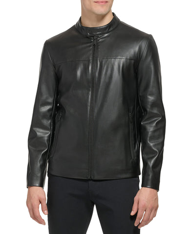DKNY Men's Faux Laether Modern Racer Jacket, Black Smooth Lamb DKNY Men's Faux Laether Modern Racer Jacket, Black Smooth Lamb