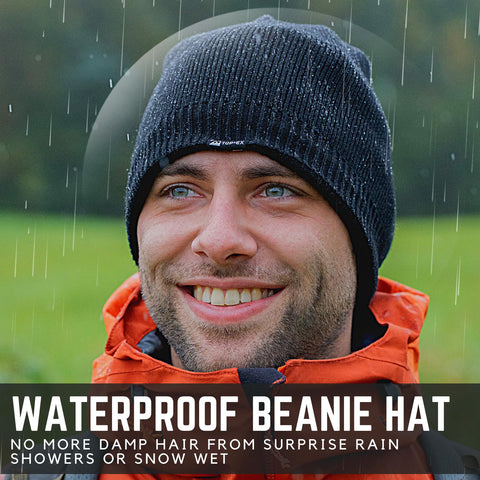 TOP-EX Waterproof Merino Wool Knitted Beanie Hat for Men Women Fleece Lined, Warm Winter Hat for Golf, Running UK Cold Weather Black M