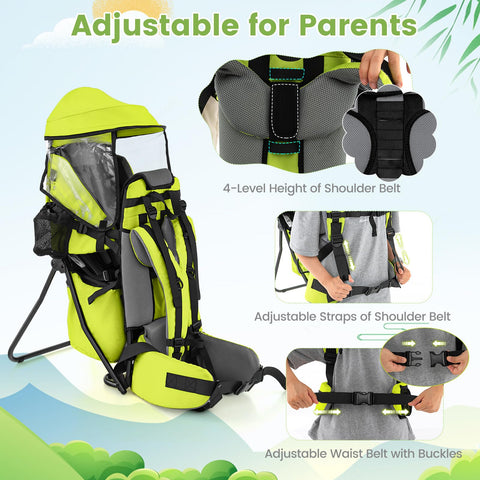 COSTWAY Baby Backpack Carrier, Ergonomic Toddler Hiking Carriers with Removable Rain Cover & Mouthwipes, 4-Height Seat, Adjustable Straps for 6-36 Months (Green)