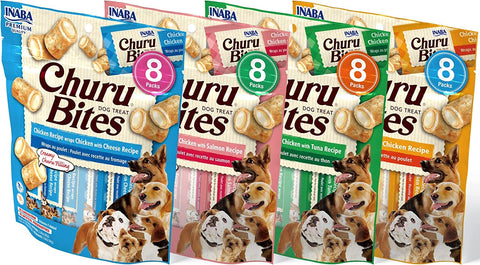 INABA Churu Bites for Dogs, Grain-Free, Soft/Chewy Baked Chicken Wrapped Churu Filled Dog Treats, 0.42 Ounces Each Tube | 32 Tubes Total (8 Tubes per Pack), 4 Flavor Variety Pack INABA Churu Bites for Dogs, Grain-Free, Soft/Chewy Baked Chicken Wrapped Churu Filled Dog Treats, 0.42 Ounces Each Tube | 32 Tubes Total (8 Tubes per Pack), 4 Flavor Variety Pack