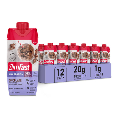 SlimFast Protein Shake, Chocolate- 20g Protein, Meal Replacement Shake Ready to Drink, High Protein with Low Carb and Low Sugar, 24 Vitamins and Minerals, 11 Fl Oz (Pack of 12) SlimFast Protein Shake, Chocolate- 20g Protein, Meal Replacement Shake Ready to Drink, High Protein with Low Carb and Low Sugar, 24 Vitamins and Minerals, 11 Fl Oz (Pack of 12)