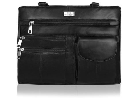 Quenchy London Ladies Real Leather Handbag - Womens Designer Black Shoulder Hand Bag with 2 Top Handles, 8 Pockets, 2 Large Zipped Main Sections - Medium Practical Size - QL173 Quenchy London Ladies Real Leather Handbag - Womens Designer Black Shoulder Hand Bag with 2 Top Handles, 8 Pockets, 2 Large Zipped Main Sections - Medium Practical Size - QL173