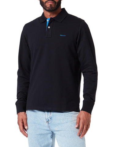 GANT Men's REG Contrast Pique LS Rugger, Black, L GANT Men's REG Contrast Pique LS Rugger, Black, L