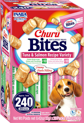 INABA Churu Bites Dog Treat, Grain-Free, Baked Chicken Filled with Churu, Chicken Recipe Wraps Tuna Recipe & Salmon Recipe 20 Pack Variety INABA Churu Bites Dog Treat, Grain-Free, Baked Chicken Filled with Churu, Chicken Recipe Wraps Tuna Recipe & Salmon Recipe 20 Pack Variety