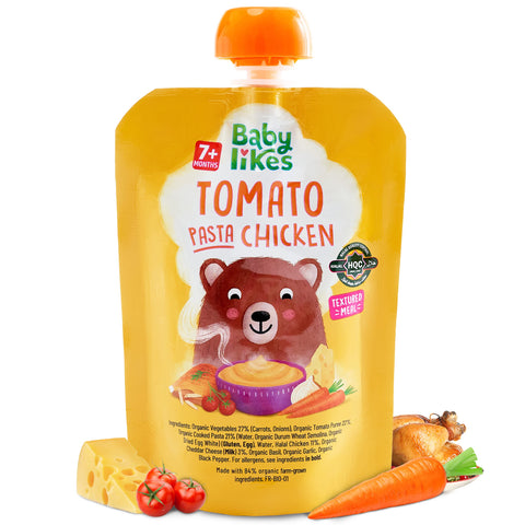 Baby Likes Halal Organic Food Pouches - Stage 2 Baby Puree Tomato Pasta Chicken 6 Pouches x 130g, Suitable for 7+ months Baby Likes Halal Organic Food Pouches - Stage 2 Baby Puree Tomato Pasta Chicken 6 Pouches x 130g, Suitable for 7+ months
