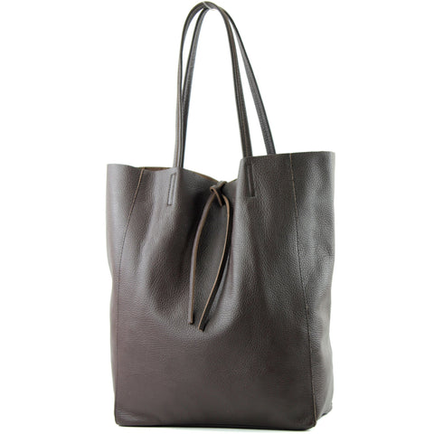 modamoda de - T163 - Ital. Large shopper bag with leather inner pocket (Dark Chocolate) modamoda de - T163 - Ital. Large shopper bag with leather inner pocket (Dark Chocolate)