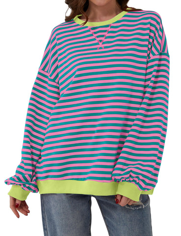 TERIVEEK Women Oversized Striped Color Block Long Sleeve Crew Neck Sweatshirt Casual Loose Pullover Y2K Shirt Top, Pink, XL