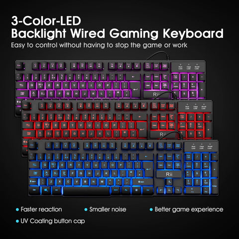 Rii Gaming Keyboard, RK100 Light Up Keyboard Mechanical Feeling Keyboard with 3 Single LED Backlit Color (Red/Purple/Blue)-UK Layout