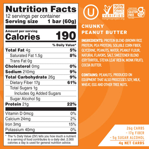 No Cow High Protein Bars, Chunky Peanut Butter, 21g Plant Based Vegan Protein, Keto Friendly, Low Sugar, Low Carb, Low Calorie, Gluten Free, Naturally Sweetened, Dairy Free, Non GMO, Kosher, 12 Pack
