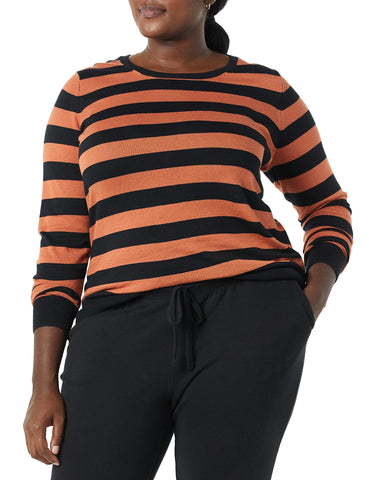 Amazon Essentials Women's Long-Sleeve Lightweight Crewneck Jumper (Available in Plus Size), Black Caramel Rugby Stripe, L
